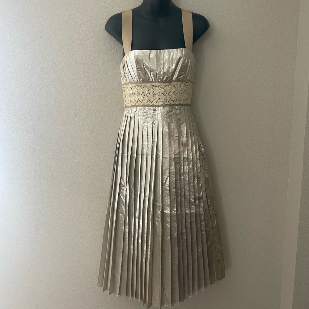 MALANDRINO Gold Tan Midi Pleated Dress